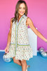 Cream Floral Print Contrast Collar Accent Sleeveless Dress