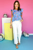 Blue Floral Print Peter Pan Collar Ruffle Hem Top