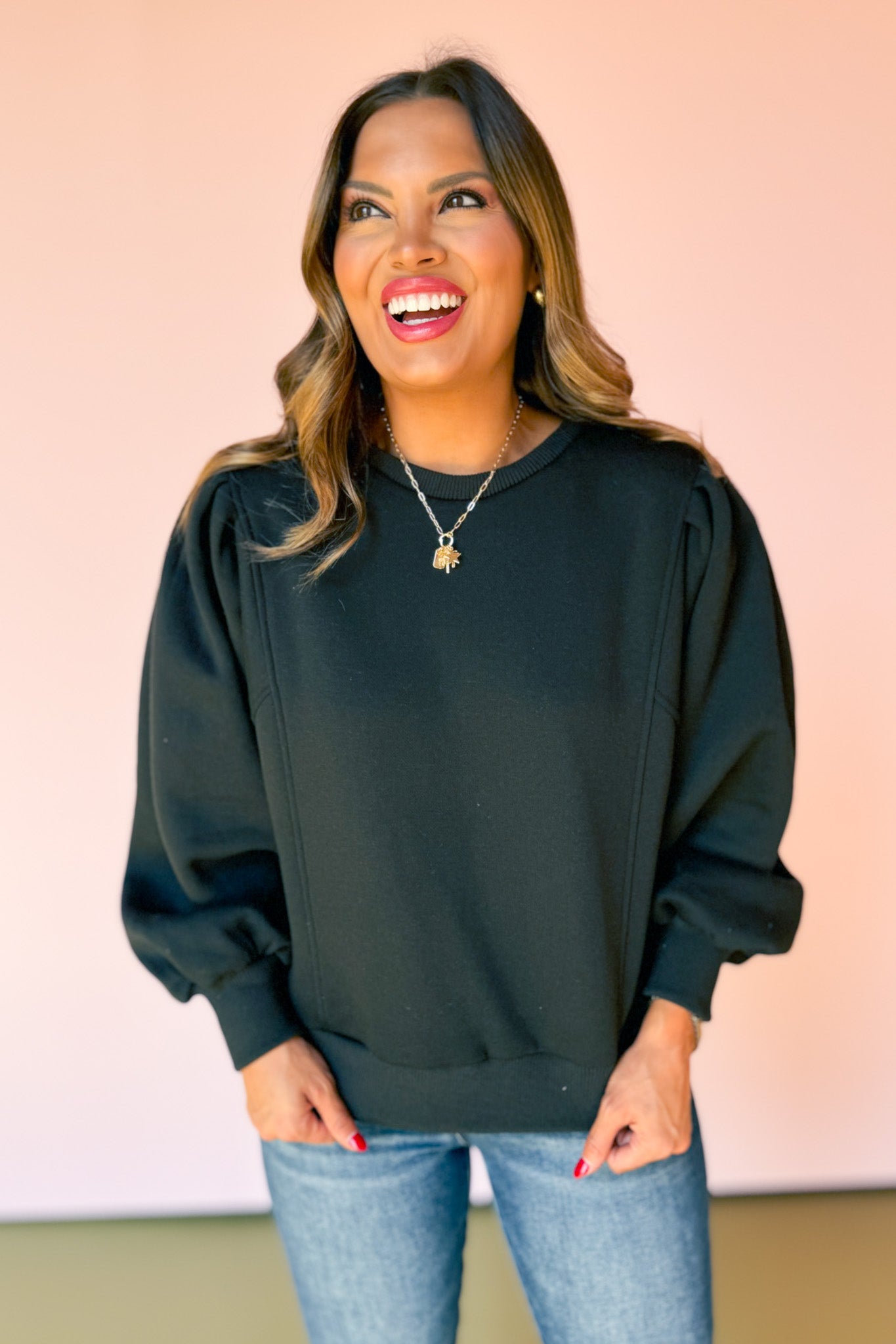 Black Crew Neck Long Balloon Sleeve Sweatshirt *FINAL SALE*