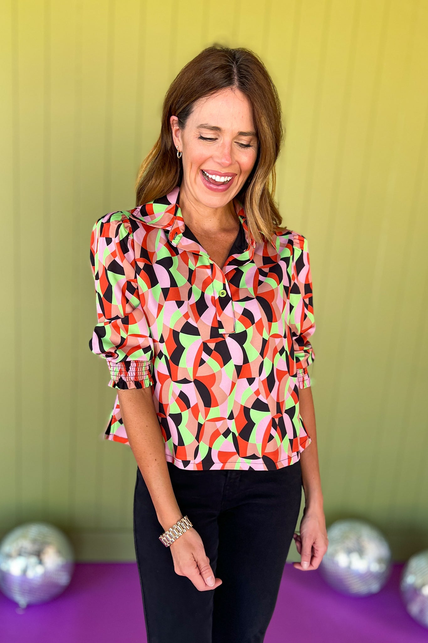 SSYS The Phoebe Smocked Cuff Top In Lime Abstract, must have top, basic top, elevated basics, must have basic, elevated top, mom style, mom fashion, shop style your senses by mallory fitzsimmons, ssys by Mallory Fitzsimmons