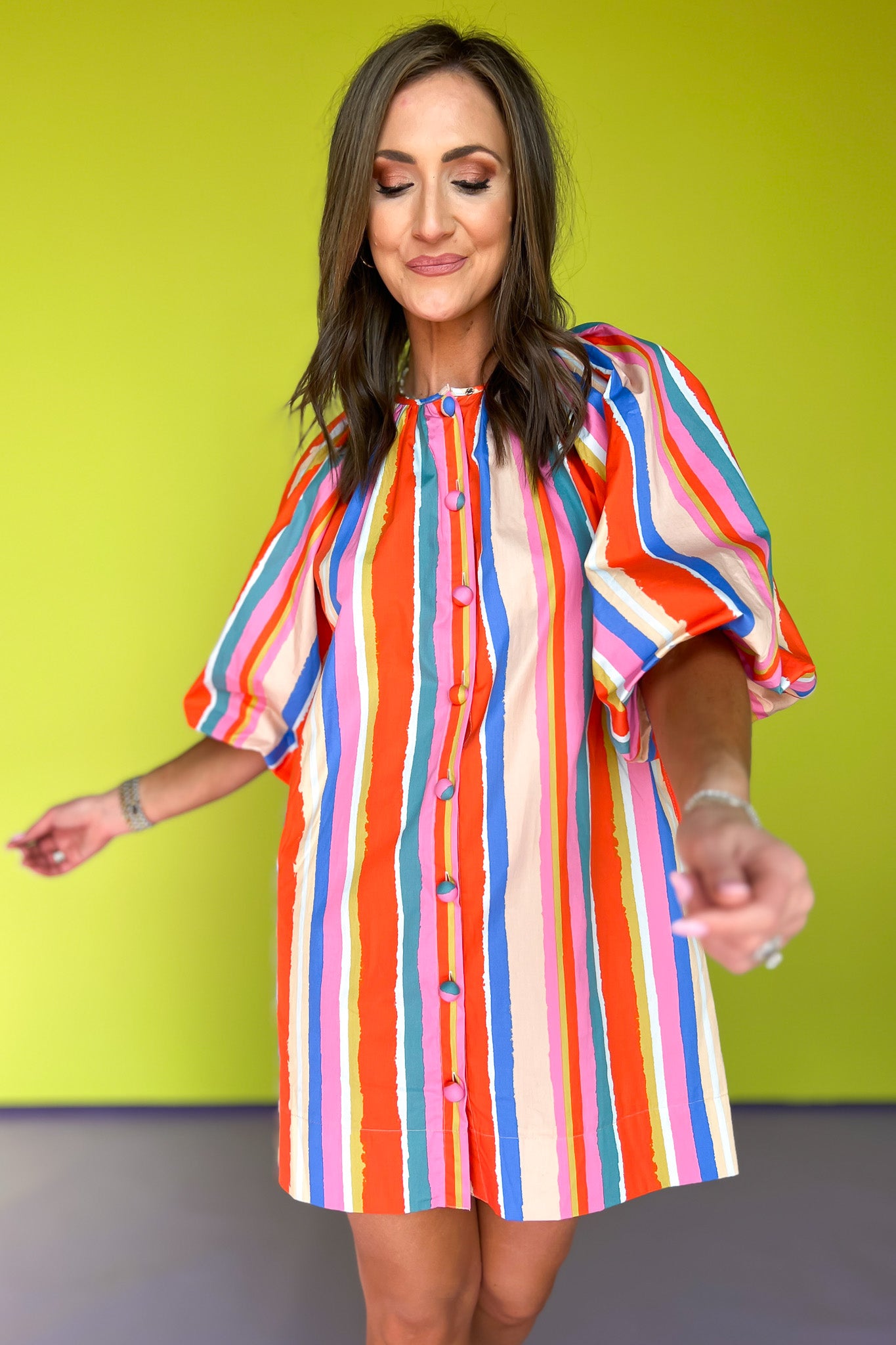 Orange Multi Stripe Button Down Gathered Puff Sleeve Dress, button detail, blue, orange, white, stripe design, church dress, spring dress, summer dress, ssys by mallory fitzsimmons