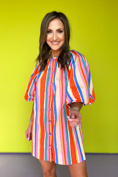 Orange Multi Stripe Button Down Gathered Puff Sleeve Dress