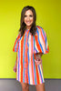 Orange Multi Stripe Button Down Gathered Puff Sleeve Dress, button detail, blue, orange, white, stripe design, church dress, spring dress, summer dress, ssys by mallory fitzsimmons