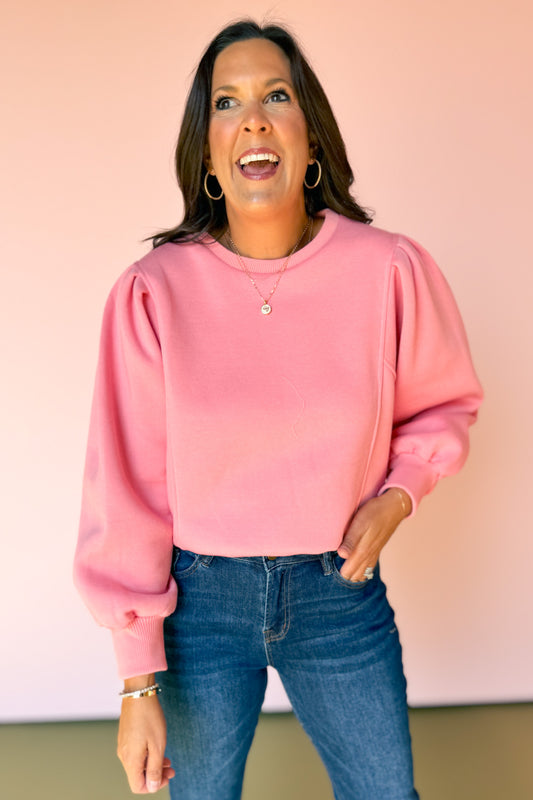 Pink Crew Neck Long Balloon Sleeve Sweatshirt *FINAL SALE*