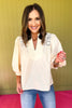 Ecru Crochet Lace Detail V Neck 3/4 Sleeve Top