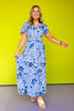 Blue Floral Printed Split Neck Smocked Waist Short Sleeve Maxi Dress, blue flower and leaf design, church dress, spring dress, summer dress, ssys by mallory fitzsimmons