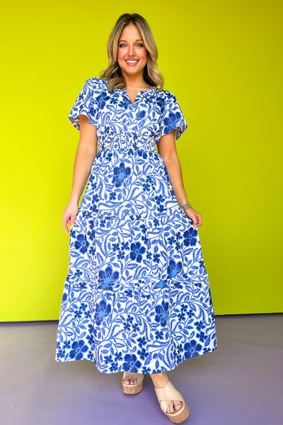 Blue Floral Printed Split Neck Smocked Waist Short Sleeve Maxi Dress * SSYS Blue Floral Printed Split Neck Smocked Waist Short Sleeve Maxi Dress * SSYS