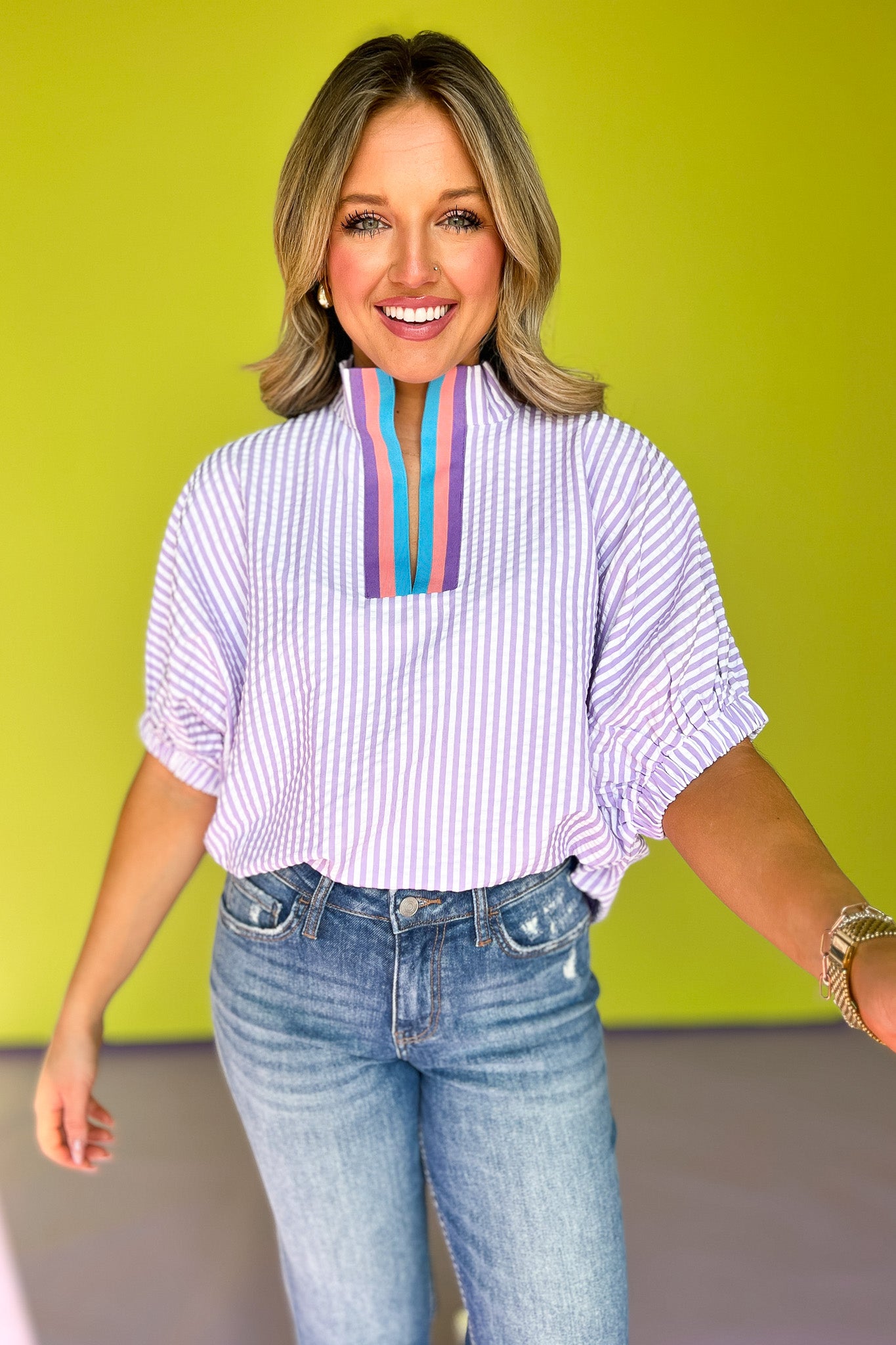 Lavender Seersucker Contrast Stripe Collar Neckline Top, work top, striped pattern, v-neck, unique, exclusive design, ssys by mallory fitzsimmons