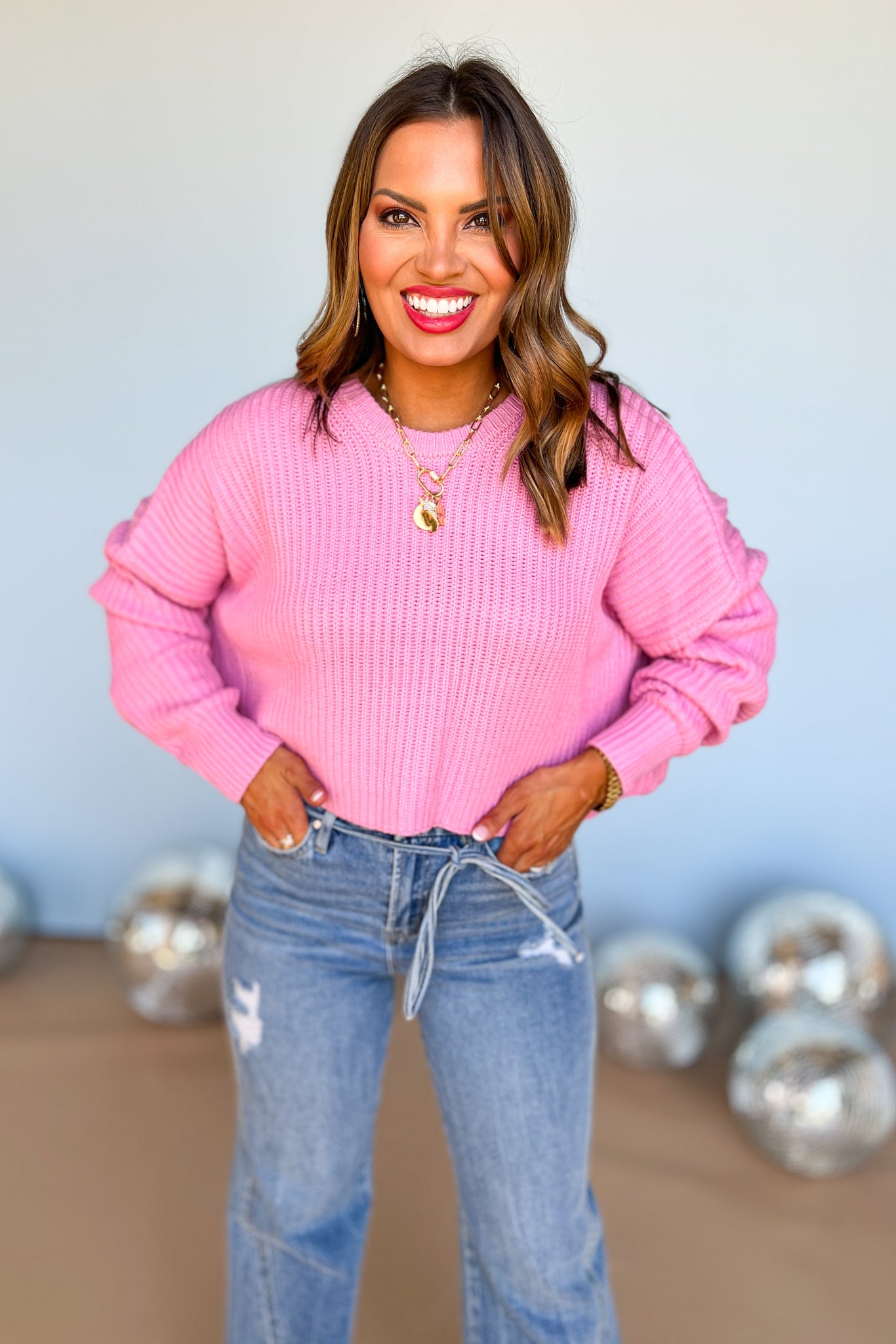 pink knit crew neck drop shoulder sweater, easy to wear, must have for fall, pair with denim, mom style, cozy and comfortable, shop style your senses by mallory fitzsimmons. 