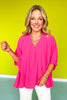 Hot Pink V Neck Half Puff Sleeve Top *FINAL SALE*