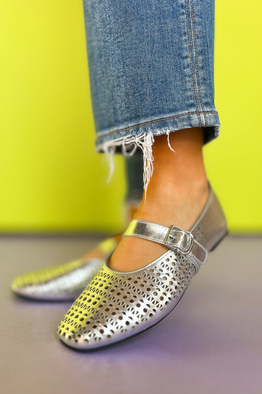 Silver Metallic Laser Cut Buckle Ballet Flats, ssys by mallory fitzsimmons