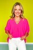 Hot Pink V Neck Half Puff Sleeve Top *FINAL SALE*