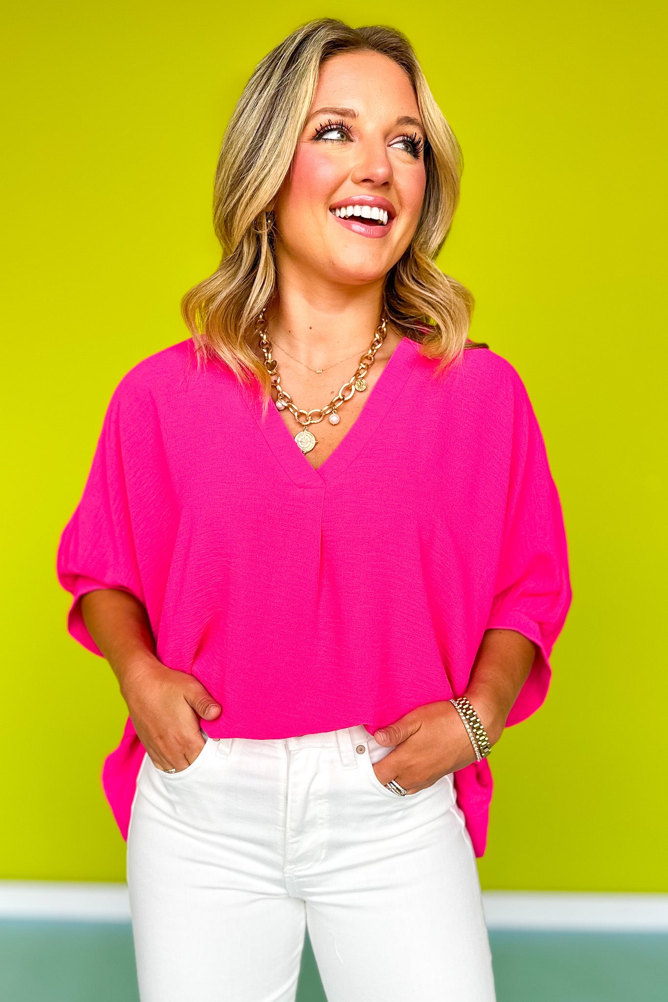 Hot Pink V Neck Half Puff Sleeve Top *FINAL SALE*