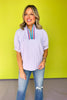 Lavender Seersucker Contrast Stripe Collar Neckline Top, work top, striped pattern, v-neck, unique, exclusive design, ssys by mallory fitzsimmons