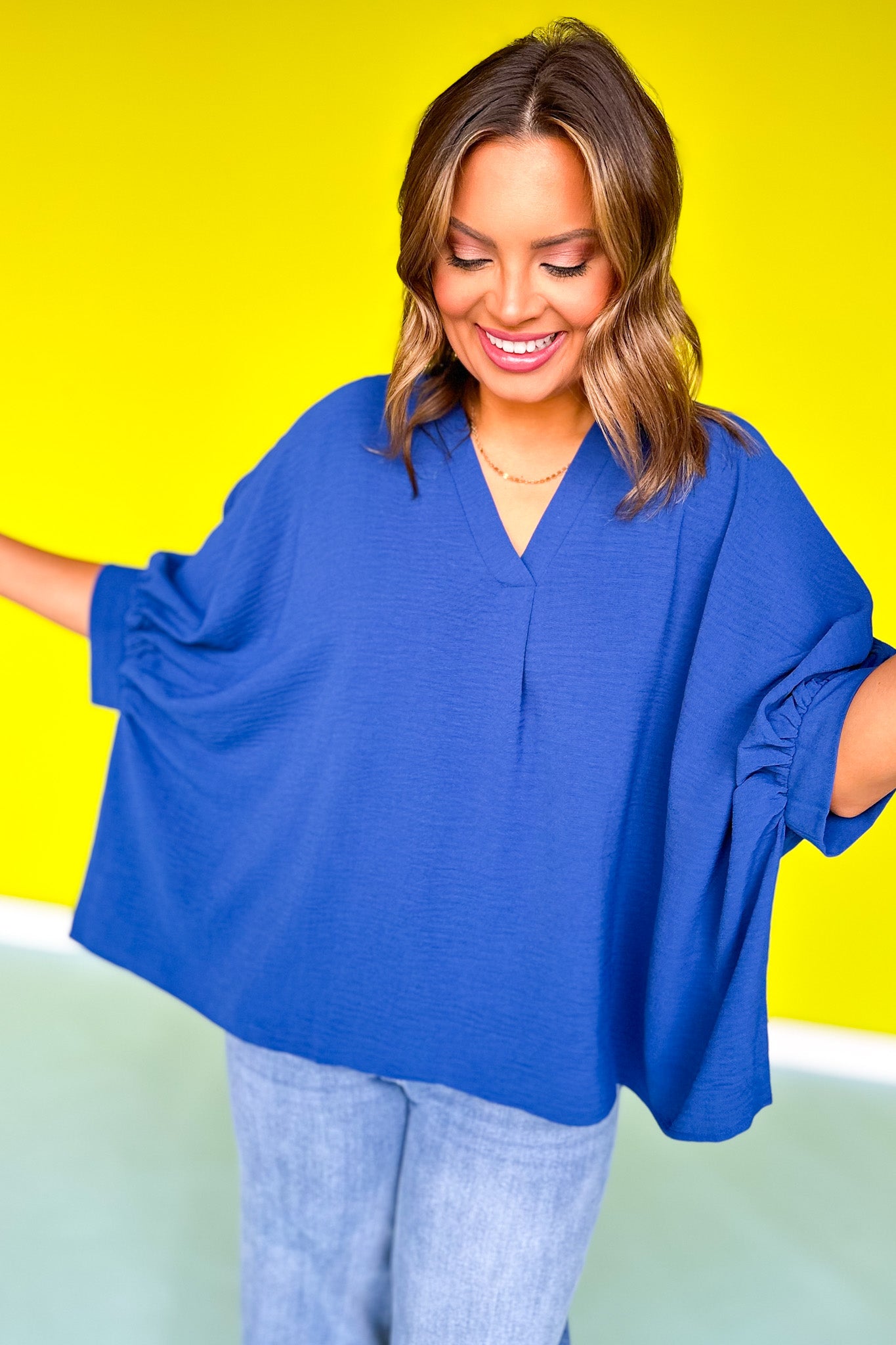 Light Navy V Neck Half Puff Sleeve Top *FINAL SALE*