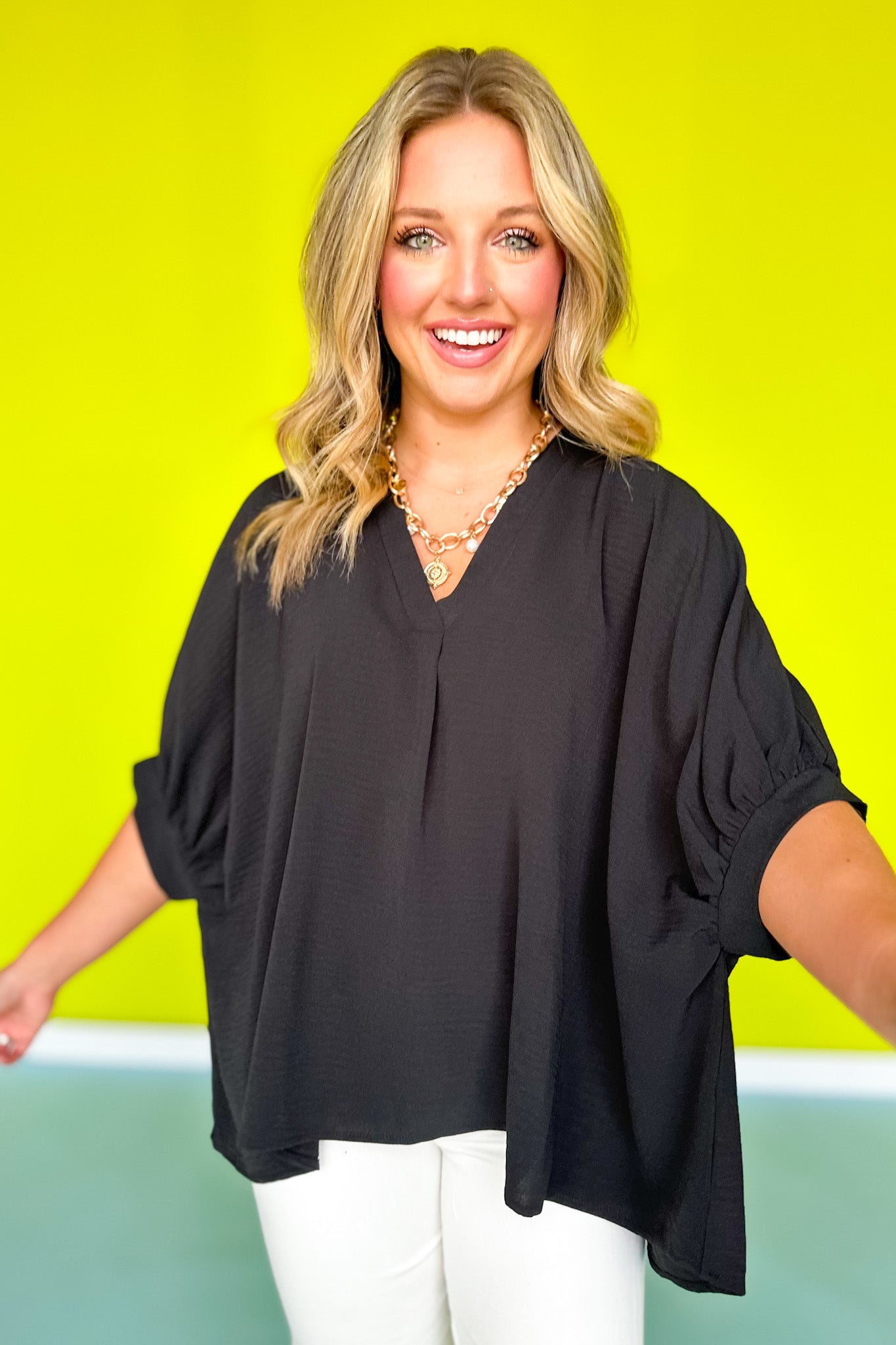 Black V Neck Half Puff Sleeve Top *FINAL SALE*