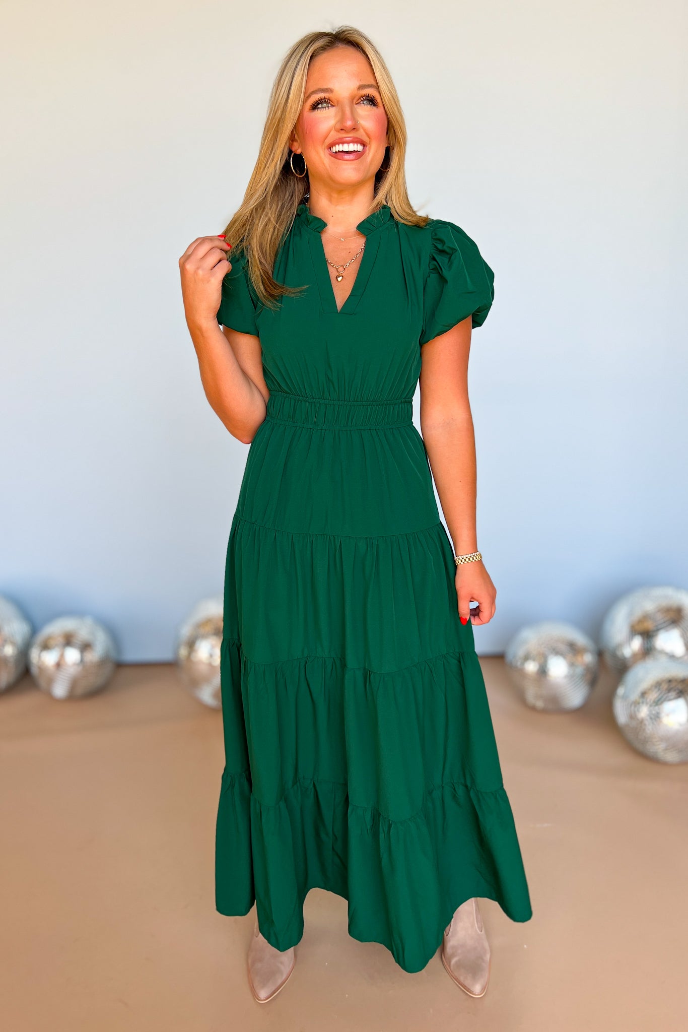 Hunter Green Split Neck Puff Short Sleeve Tiered Midi Dress, easy to wear, occasion dress, must-have silhouette, mom style, sunday morning dress, fall new arrivals, shop style your senses by mallory fitzsimmons. 