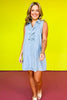 Light Denim Collared Sleeveless Multi Bow Detail Dress