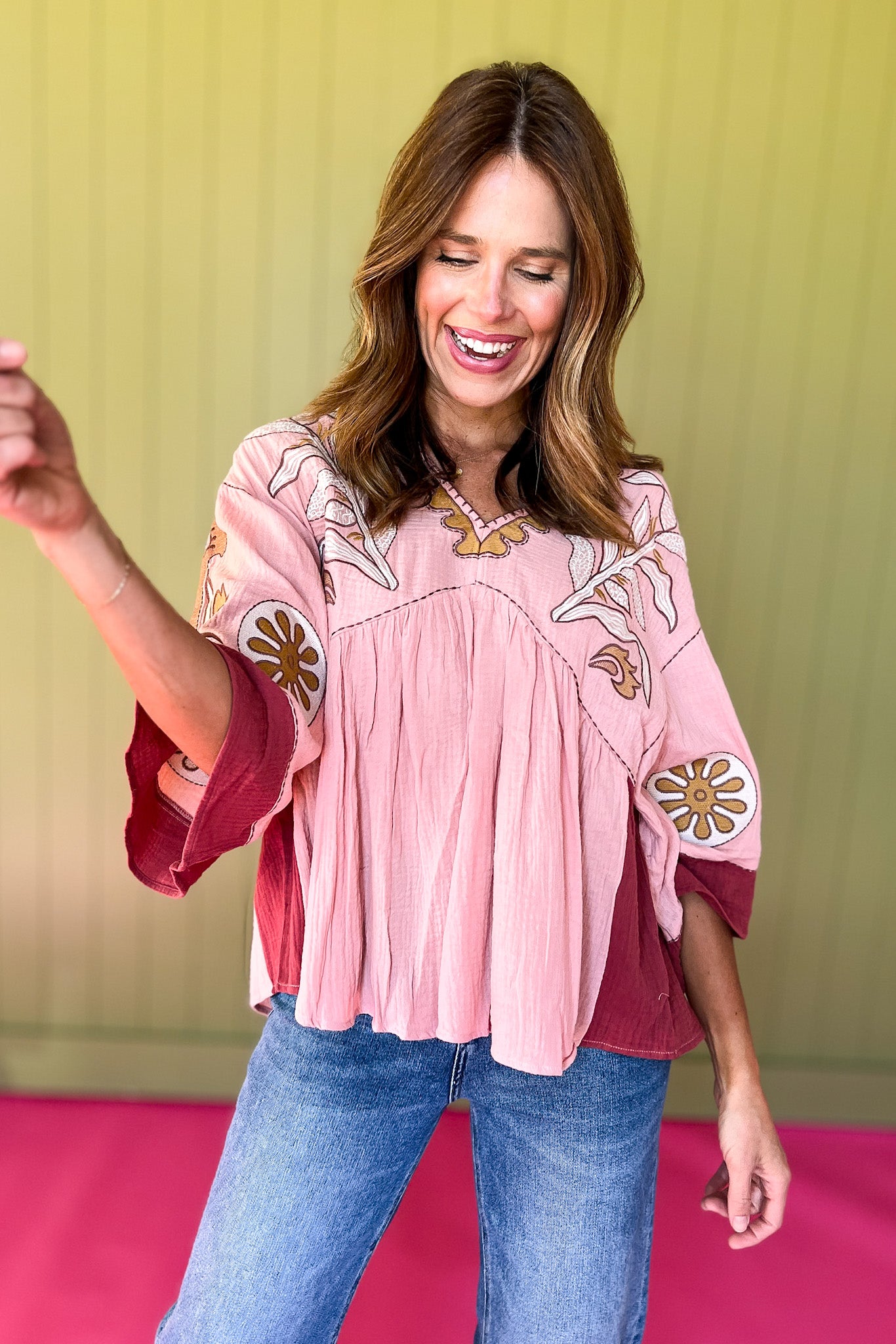 Rose Woven Embroidery Detail V Neck Babydoll Top