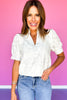 White Floral Embroidered Frill V Neck Top