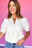 White Floral Embroidered Frill V Neck Top