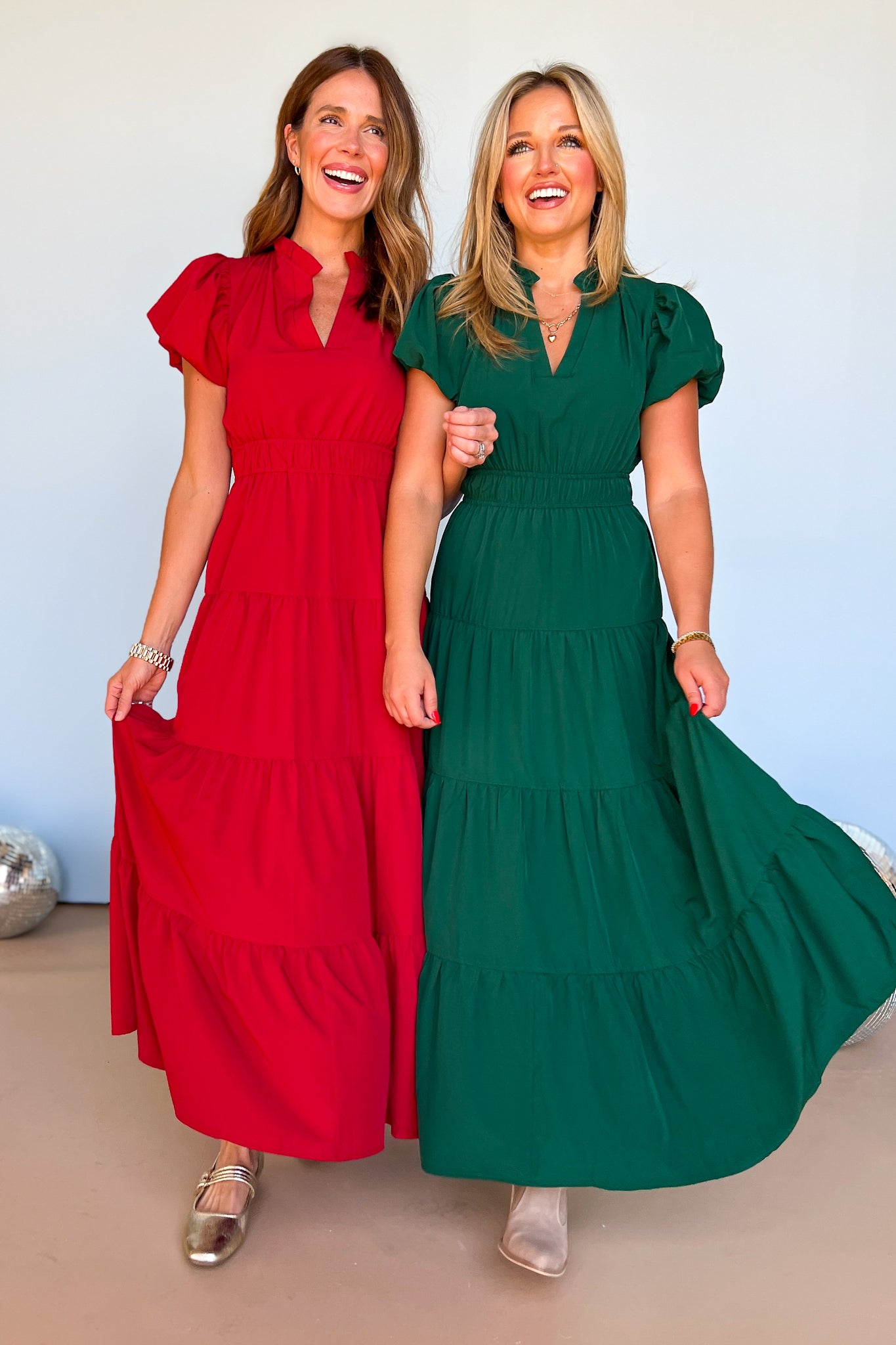 Red Split Neck Puff Short Sleeve Tiered Midi Dress Red Split Neck Puff Short Sleeve Tiered Midi Dress