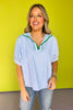 Blue Seersucker Contrast Stripe Collar Neckline Top, work top, striped pattern, v-neck, unique, exclusive design, ssys by mallory fitzsimmons