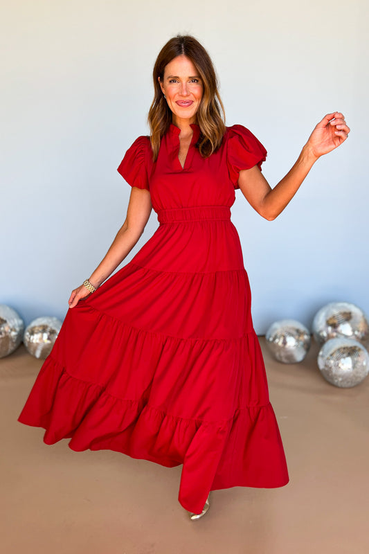 Red Split Neck Puff Short Sleeve Tiered Midi Dress, fall new arrivals, easy to wear dress, occasion dress, holiday dress, mom style, sunday morning dress, flattering silhouette, mom style, shop style your senses by mallory fitzsimmons. 