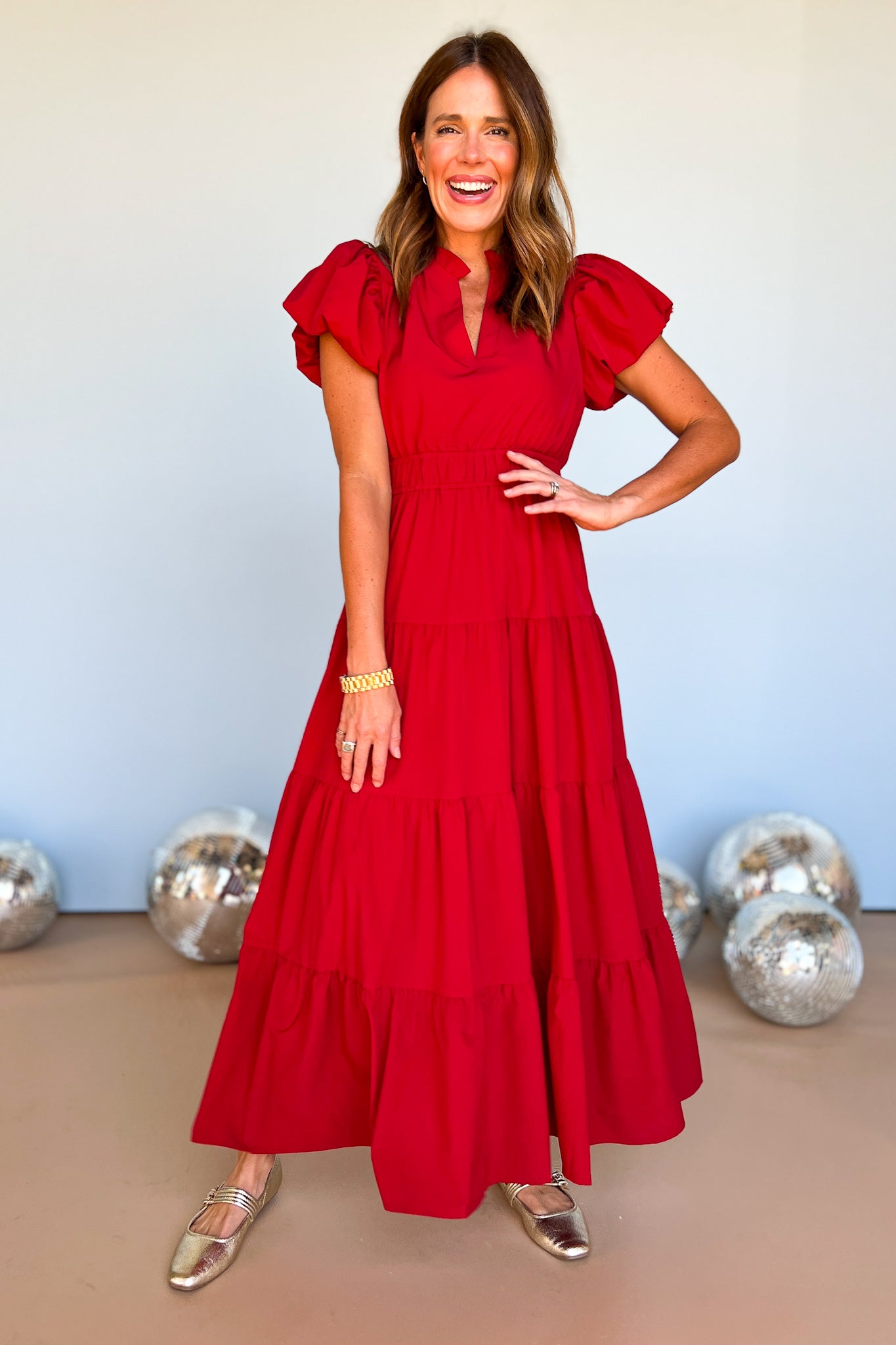 Red Split Neck Puff Short Sleeve Tiered Midi Dress, fall new arrivals, easy to wear dress, occasion dress, holiday dress, mom style, sunday morning dress, flattering silhouette, mom style, shop style your senses by mallory fitzsimmons. 