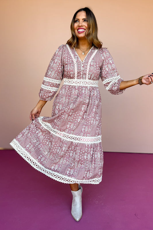 Mauve Print Lace Trim Detail 3/4 Sleeve Midi Dress