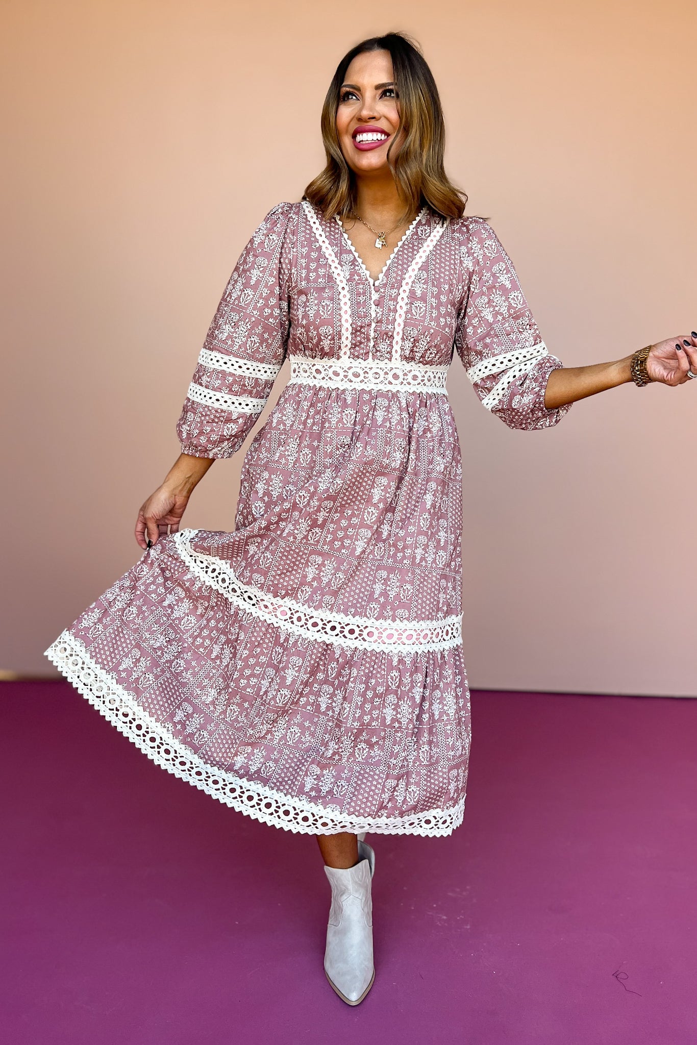 Mauve Print Lace Trim Detail 3/4 Sleeve Midi Dress