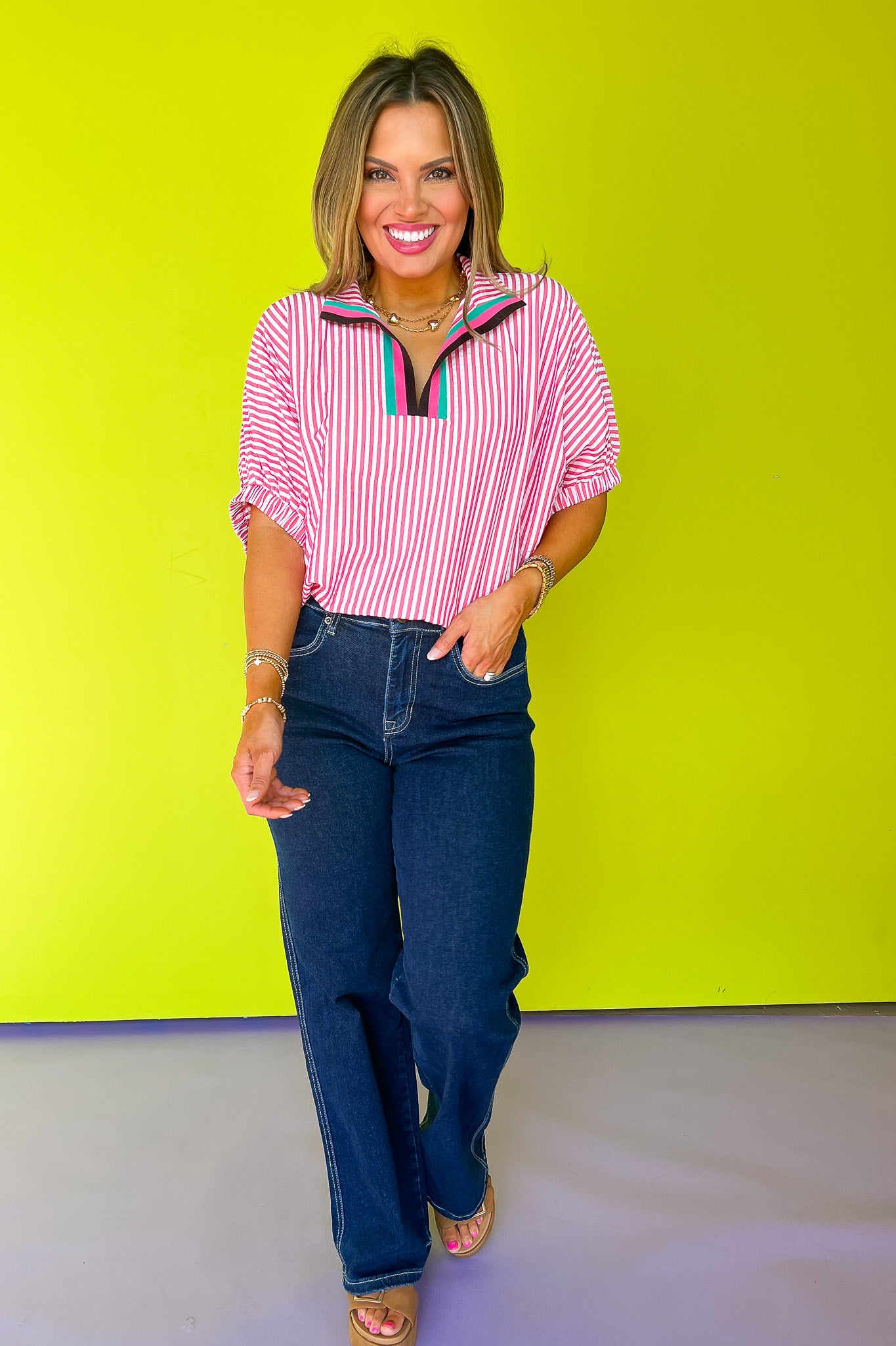 Pink Seersucker Contrast Stripe Collar Neckline Top, work top, striped pattern, v-neck, unique, exclusive design, ssys by mallory fitzsimmons