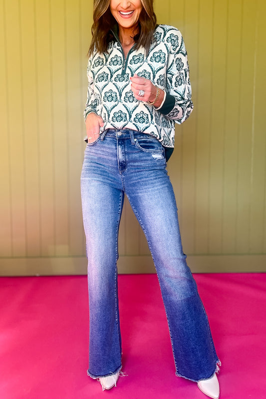 Mica Medium Wash High Rise Raw Hem Straight Flare Jeans, must have jeans, must have style, must have denim, fall fashion, street style, mom style, elevated comfortable, elevated style, shop style your senses by mallory fitzsimmons