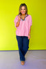 Pink Seersucker Contrast Stripe Collar Neckline Top, work top, striped pattern, v-neck, unique, exclusive design, ssys by mallory fitzsimmons