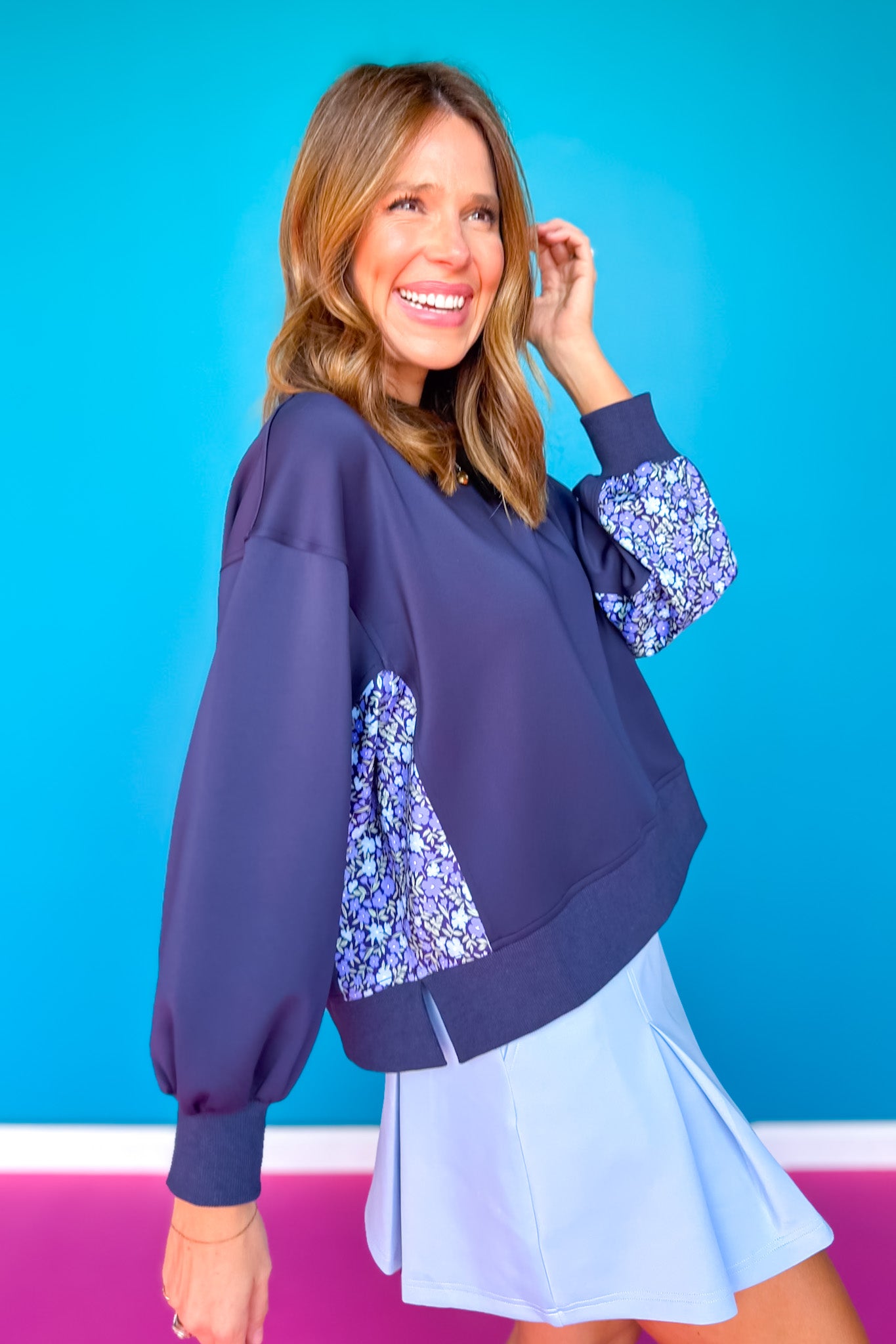 SSYS Crew Neck Printed Panel Scuba Sweatshirt In Navy Floral