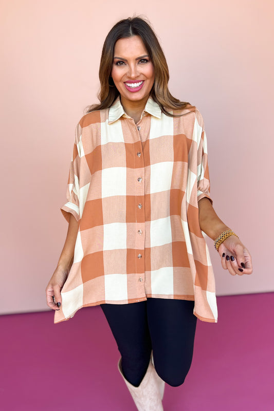  Rust Checkered Button Up Half Sleeve Top, must have top, must have style, fall style, fall fashion, elevated style, elevated style, mom style, shop style your senses by mallory fitzsimmons, ssys by mallory fitzsimmons