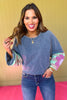 Blue Knit Washed Flower Patch Pullover