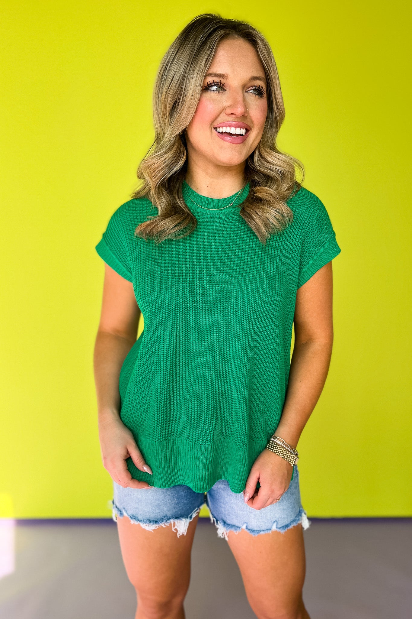 Kelly Green Crew Neck Short Sleeve Sweater Top *FINAL SALE*, transitional piece, universal, knit, lightweight, spring, summer, ssys by mallory fitzsimmons