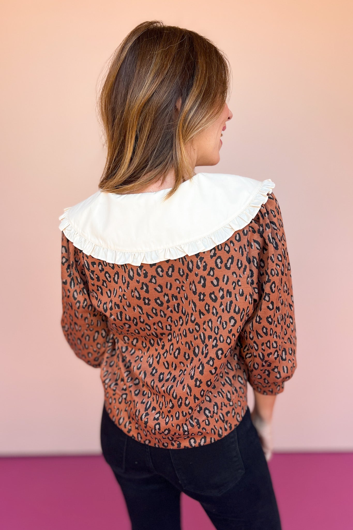 Tan Animal Print V Neck Contrasting Collar 3/4 Sleeve Top