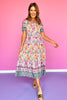 Blush Mixed Print Ruffle Neck Tiered Midi Dress