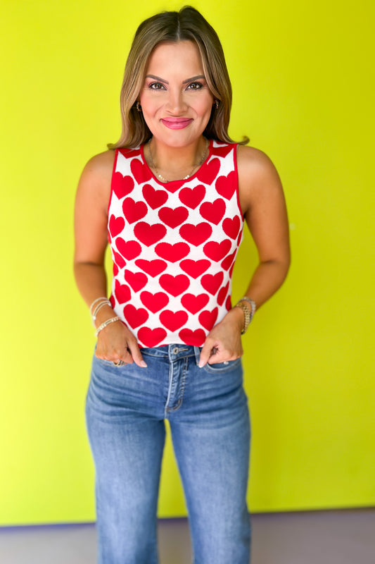 Red Heart Print Sleeveless Sweater Top, comfy, valentines, knit, stretchy, tank, date night, ssys by mallory fitzsimmons