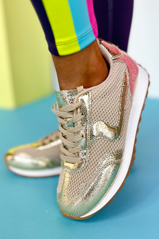 Gold Metallic Trim Mesh Detail Sneakers