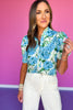 Blue Floral Print Frill Neck Short Puff Sleeve Top