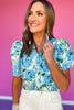 Blue Floral Print Frill Neck Short Puff Sleeve Top