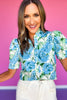 Blue Floral Print Frill Neck Short Puff Sleeve Top