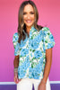 Blue Floral Print Frill Neck Short Puff Sleeve Top