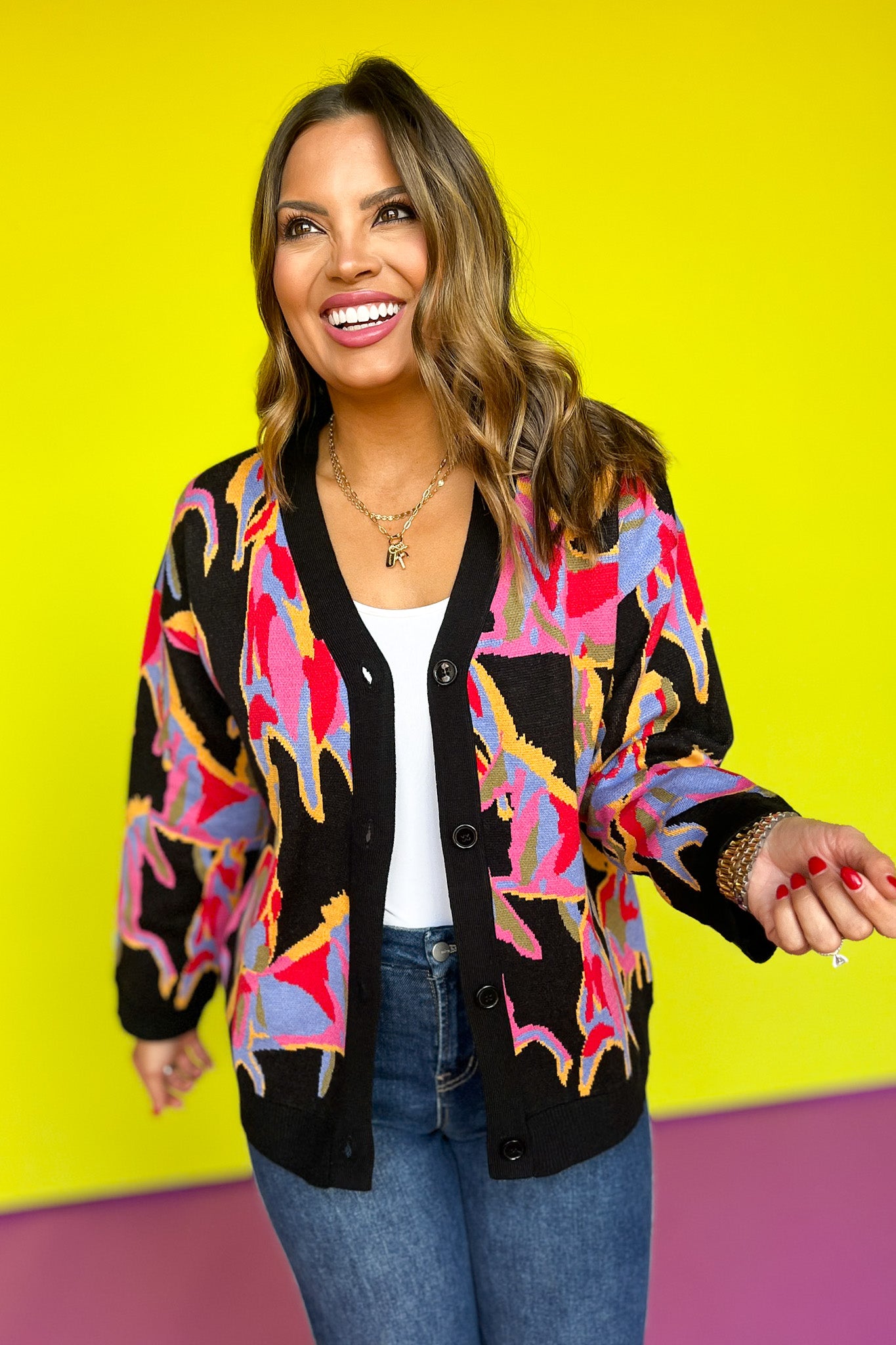 Black Multi Abstract Print Knit Button Up Cardigan