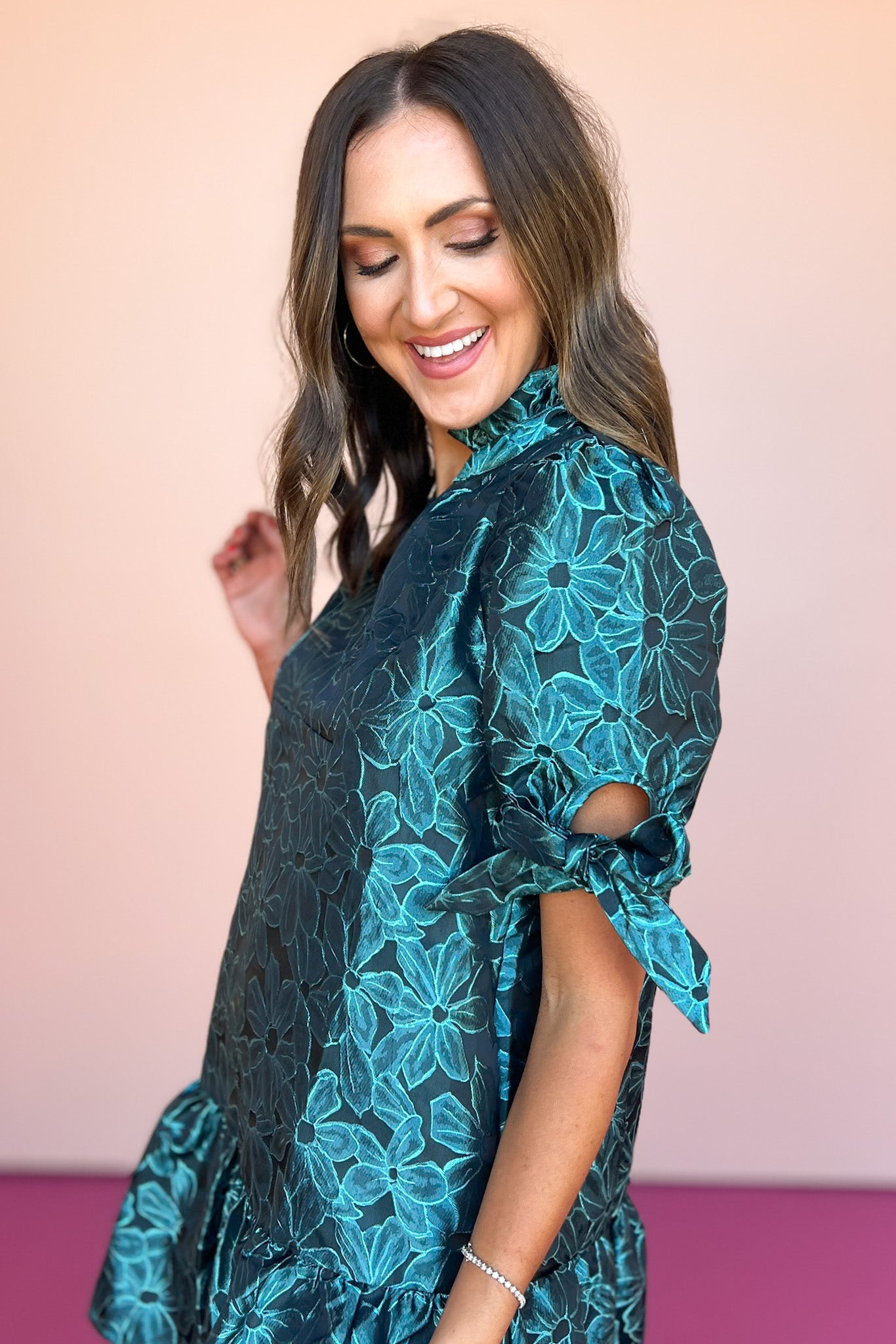 Teal Floral Jacquard V Neck Self Tie Detail Cuff Ruffle Hem Dress