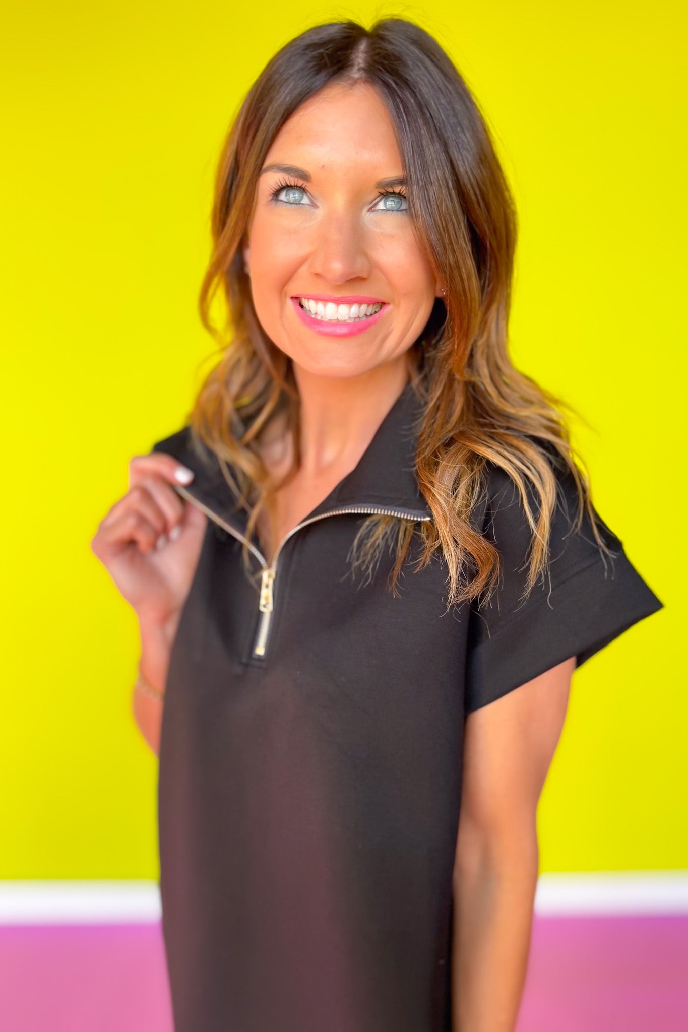 SSYS Pleated Hem Taylor Air 3/4 Zip Dress In Black