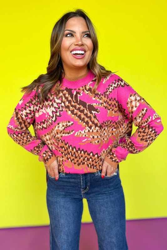 Hot Pink Knit Animal Print Mock Neck Tunic Sweater *FINAL SALE*